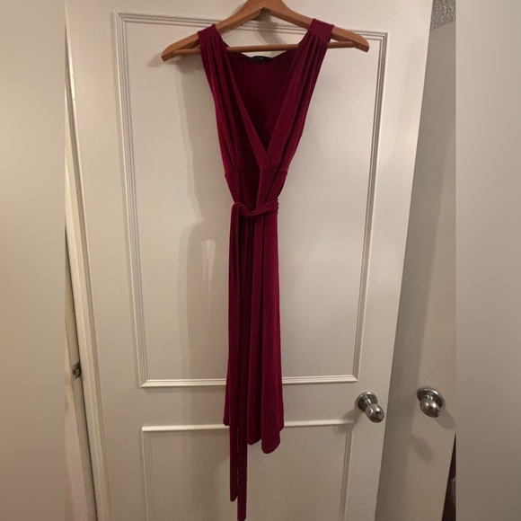 Red wrap v-neck midi dress. - Picture 1 of 5